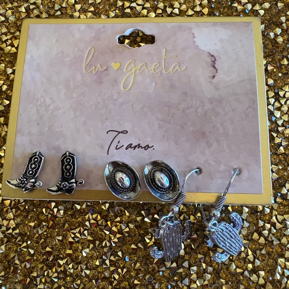 Lu Gaeta NWT Silver-Tone Western Cowboy, hat & Cactus Earring Set of 3 pairs